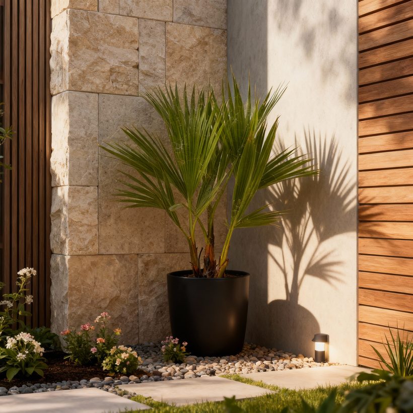 AI-generated exterior scene of a courtyard garden