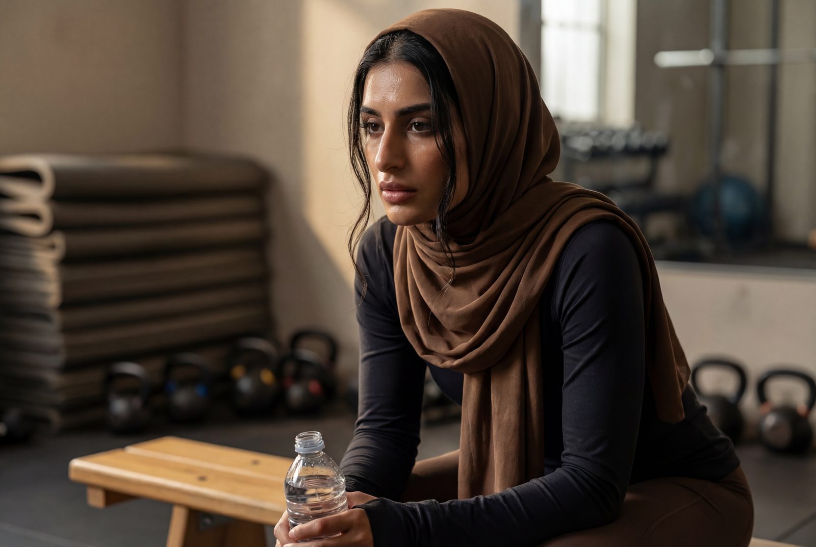 Woman resting between sets in a gym