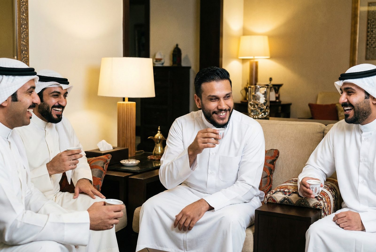 Men in dishdashas talking over Arabic coffee in a majlis